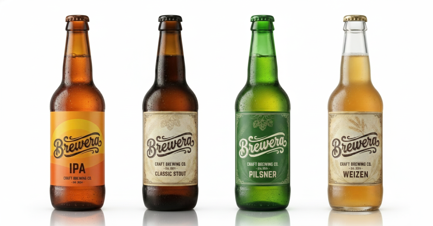 Butelki piw Brewera (IPA, Stout, Pilsner, Weizen) z różnymi etykietami.